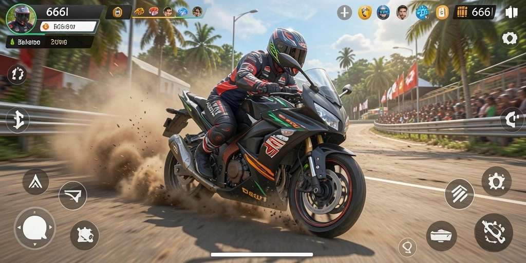 Screenshot gameplay 666I dengan aksi balapan motor.