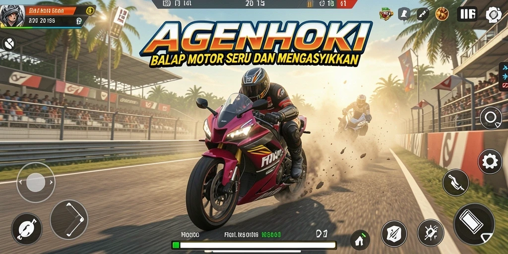 Gameplay AGENHOKI yang mendebarkan dengan motor balap berkecepatan tinggi.