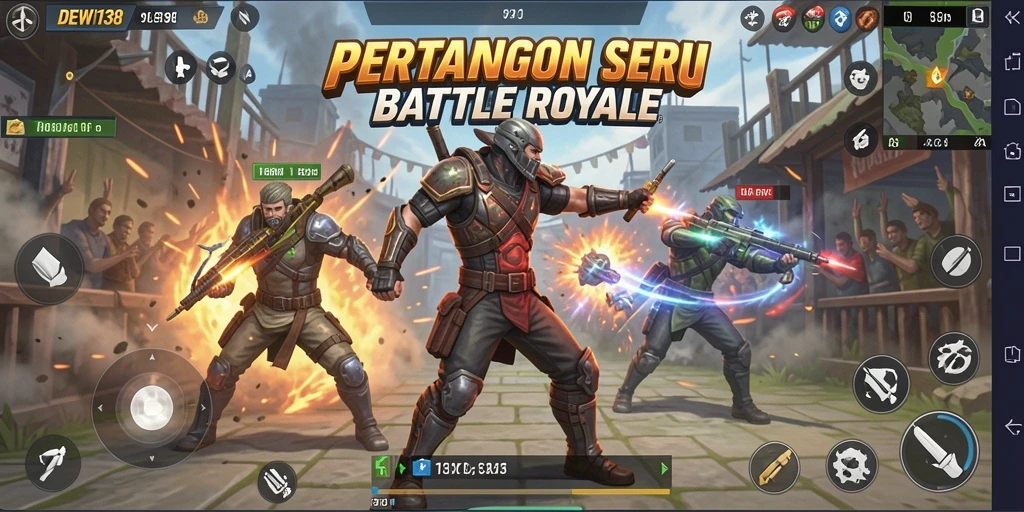 Tangkapan layar DEWI138 menampilkan aksi tempur yang intens dalam Battle Royale.