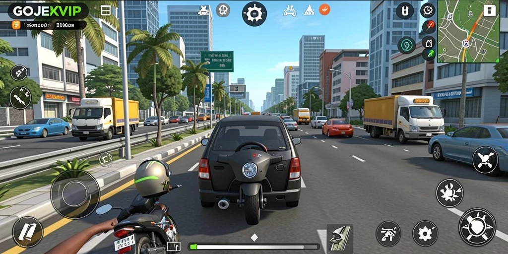 Tampilan utama GOJEKVIP menunjukkan aksi pengemudi dalam situasi kota yang sibuk.