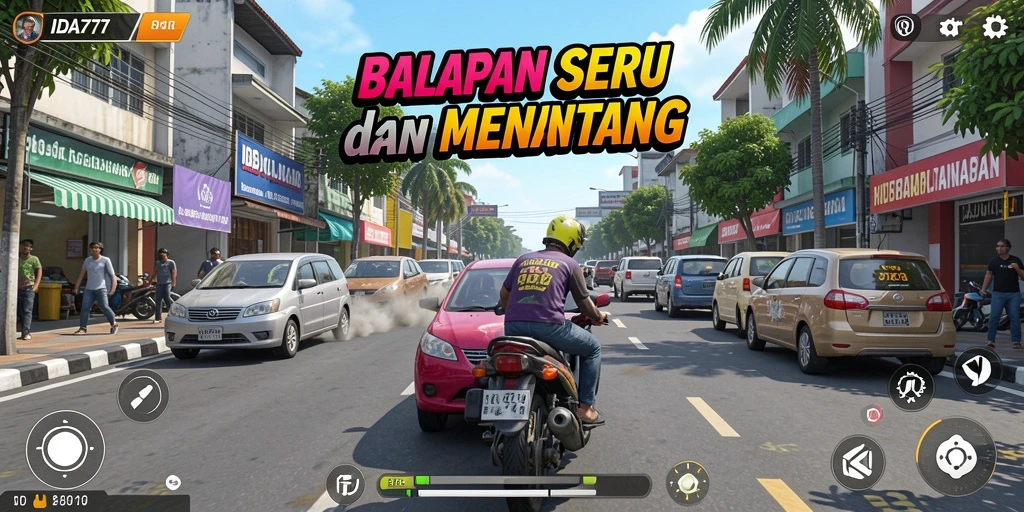 Screenshot menunjukkan aksi balap cepat dan mobil kustom di IDA777.