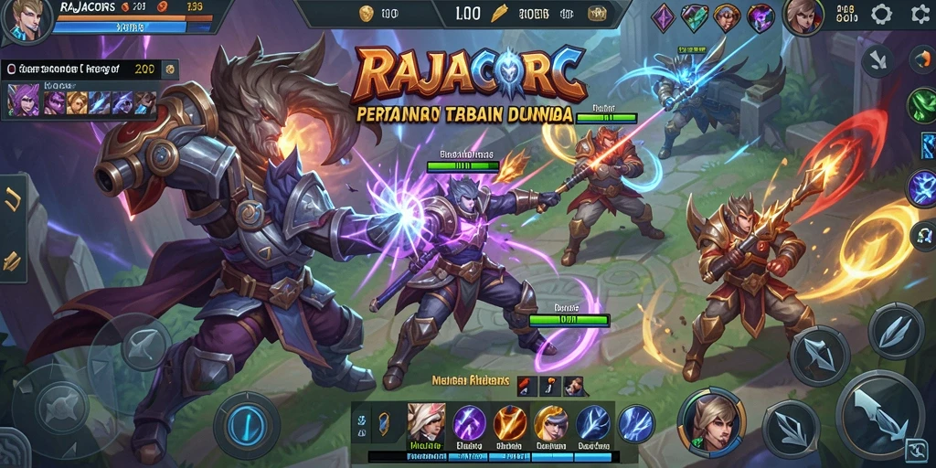 Screenshot menunjukkan pertempuran seru di arena MOBA RAJACORC.
