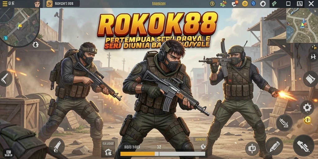 Tampilan gameplay menegangkan dalam ROKOK88 di arena Battle Royale.